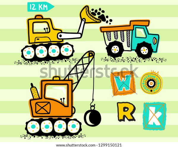 construction\
vehicles cartoon on striped\
background