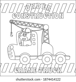Construction vehicles coloring book or page with cute litle animal driver, Cartoon isolated vector illustration, Creative vector Childish design for kids activity colouring book or page.