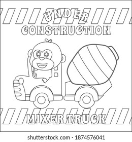 Construction vehicles coloring book or page with cute litle animal driver, Cartoon isolated vector illustration, Creative vector Childish design for kids activity colouring book or page.