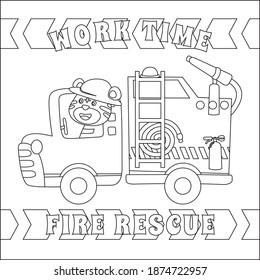 Construction vehicles coloring book or page with cute litle animal driver, Cartoon isolated vector illustration, Creative vector Childish design for kids activity colouring book or page.