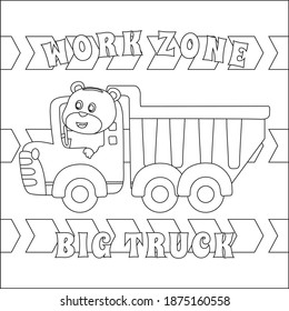 Construction vehicles coloring book or page with cute litle animal driver, Cartoon isolated vector illustration, Creative vector Childish design for kids activity colouring book or page.