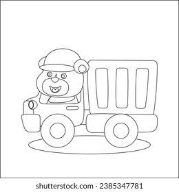 Construction vehicles coloring book or page with cute litle animal driver, Cartoon isolated vector illustration, Creative vector Childish design for kids activity colouring book or page.