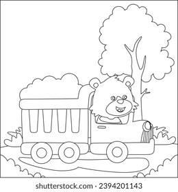 Construction vehicles coloring book or page with cute litle animal driver, Cartoon isolated vector illustration, Creative vector Childish design for kids activity colouring book or page.