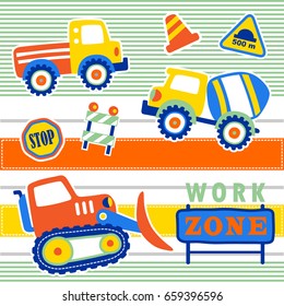 Construction vehicles with construction elements on colorful striped, vector cartoon illustration