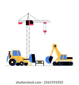 Construction Vehicles With Excavator And Crane In Flat Vector Illustration Symbolizing Construction Work, Heavy Machinery, And Industrial Equipment, Isolated On White Background