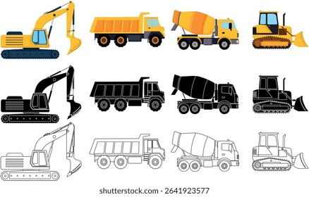 Construction Vehicles Excavator, Tipper Truck, Cement Mixer, Bulldozer design assets in colour, black and white fills on a white background
