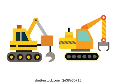Construction Vehicles Excavators and Cranes - Heavy Equipment Illustrations