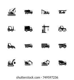 Construction Vehicles - Expand to any size - Change to any colour. Flat Vector Icons - Black Illustration on White Background.