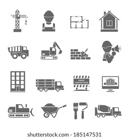 Construction vehicles facilities and building tools black icons set isolated vector illustration