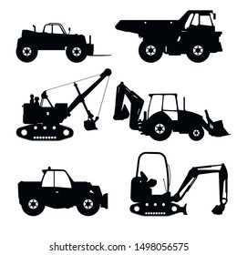 Construction vehicles, flat isolated cars,  icon set, side view. Building isolated auto, construction machines