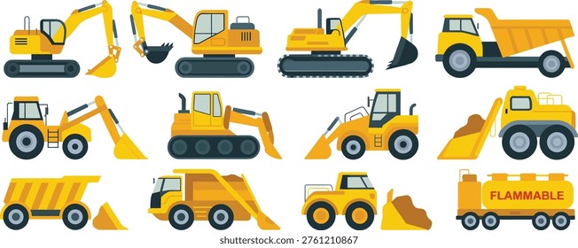 Construction vehicles and heavy machinery vector set, excavators loaders dump trucks, flammable tanker transport, industrial equipment for building engineering projects