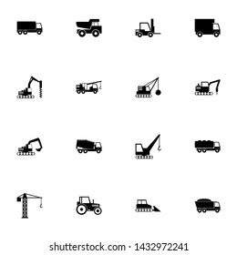 Construction Vehicles icon - Expand to any size - Change to any colour. Perfect Flat Vector Contains such Icons as building crane, asphalt paver, drilling car machine cement truck, excavator bulldozer