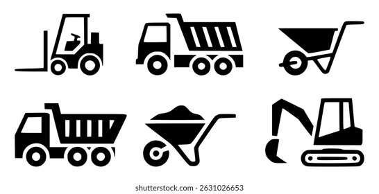 Construction vehicles icon set including dump trucks and wheelbarrow illustrations