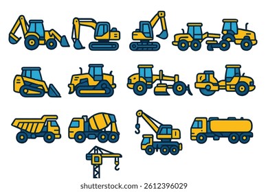 The Construction Vehicles Icon Set is a vibrant collection featuring 16 construction vehicle icons in a modern flat style with yellow and blue colors for a bold visual