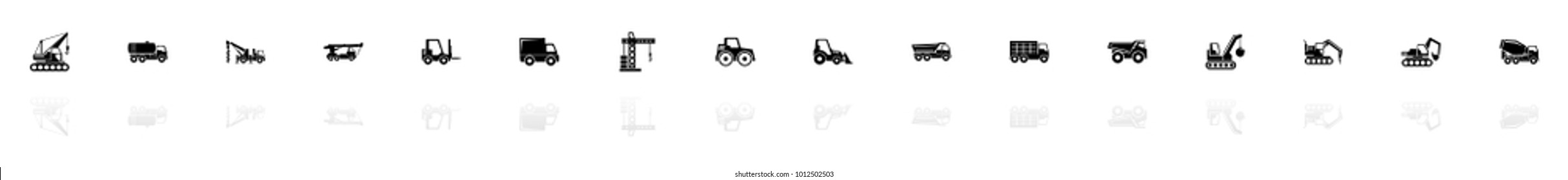 Construction Vehicles icons - Black horizontal Illustration symbol on White Background with a mirror Shadow reflection. Flat Vector Icon.