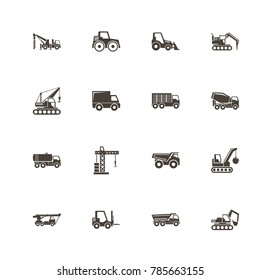 Construction Vehicles icons. Perfect black pictogram on white background. Flat simple vector icon.