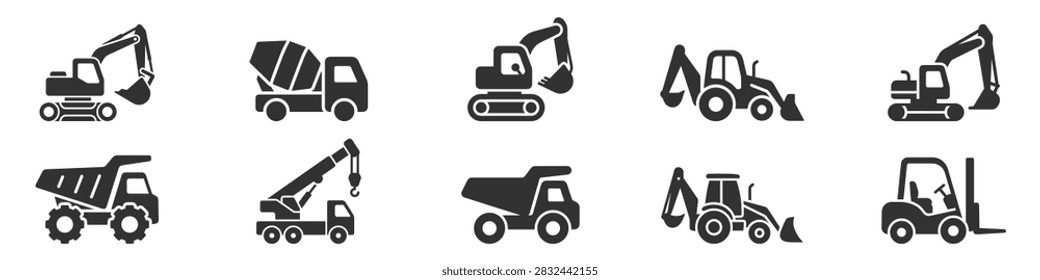 construction vehicles icons set including excavator concrete mixer dump truck crane loader and forklift on transparent background