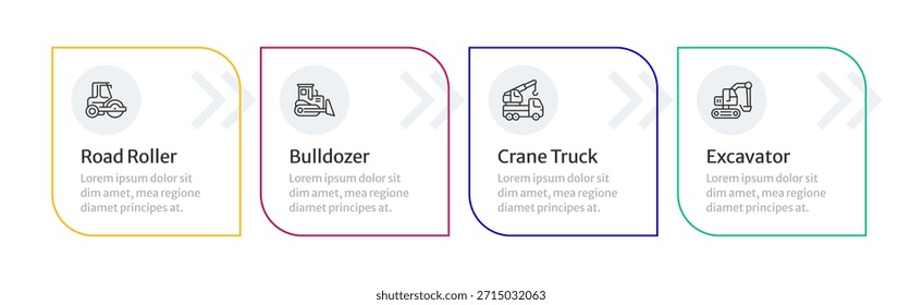 Construction vehicles infographic 4 steps. Road roller, crane truck, Digging equipment. Heavy machinery. Road building. Editable thin line icons diagram process