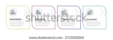 Construction vehicles infographic 4 steps. Road roller, crane truck, Digging equipment. Heavy machinery. Road building. Editable thin line icons diagram process