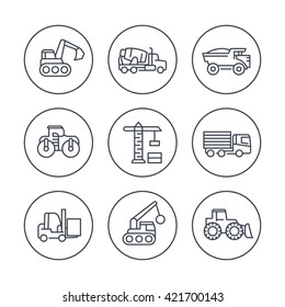 construction vehicles line icons in circles, heavy machines, construction equipment, vector illustration