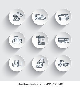 construction vehicles line icons, engineering, construction equipment, heavy-duty vehicles, vector illustration