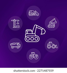 construction vehicles line icons, heavy machines, excavator, digger and concrete mixer truck