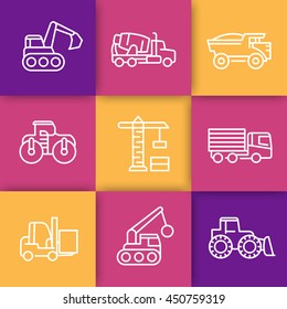 construction vehicles line icons, heavy machines, engineering equipment, crane, trucks, excavator, loader