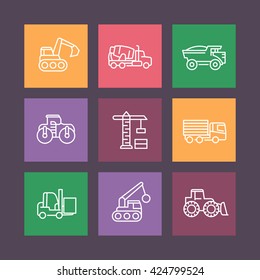 construction vehicles line icons on squares, heavy machines, engineering equipment, vector illustration