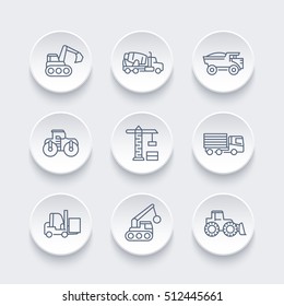 construction vehicles line icons set, heavy machine, engineering equipment, digger, trucks, excavator, loader, crane