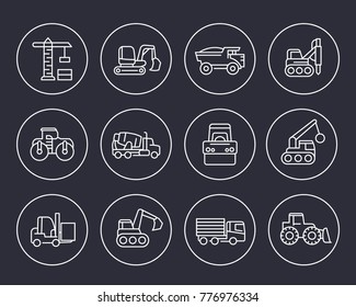 construction vehicles line icons set