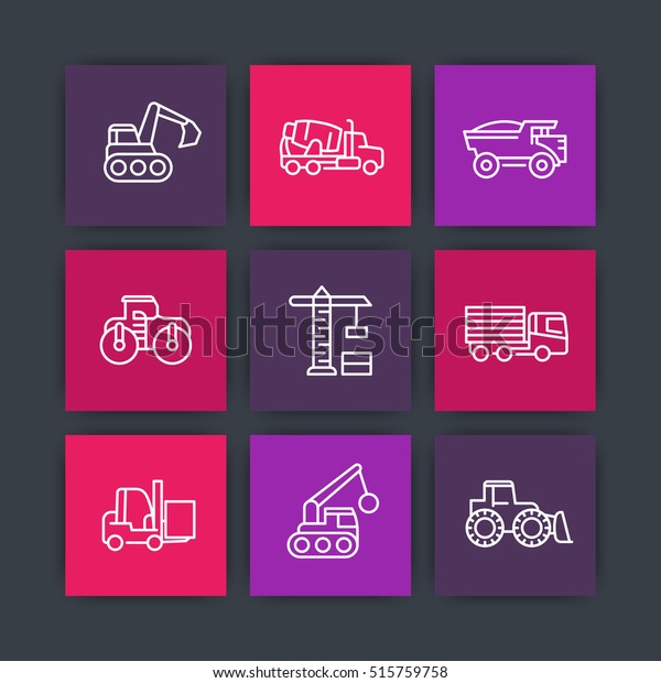 construction\
vehicles line icons set, heavy machines, digger, crane, trucks,\
excavator, loader, vector\
illustration