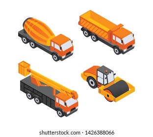 Construction Vehicles - modern vector isometric colorful elements. High quality objects, orange colored dump, truck, cement mixer, crane. Heavy machinery to build cities, streets, towns