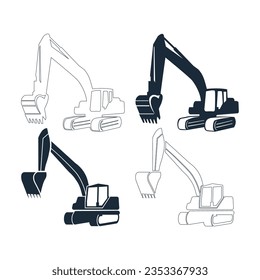 Construction Vehicles Objects Black Silhouette vector set. Backhoe excavator heavy equipment