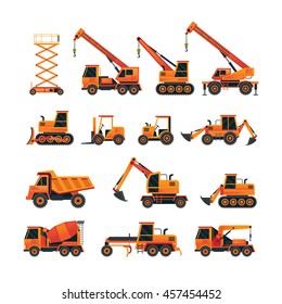 Construction Vehicles Objects Orange Set, Side View, Heavy Equipment, Machinery, Engineering