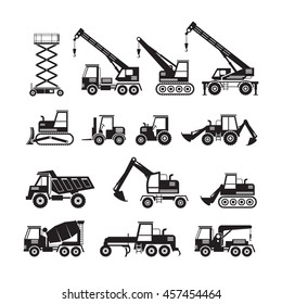 Construction Vehicles Objects Silhouette Set, Side View, Heavy Equipment, Machinery, Engineering