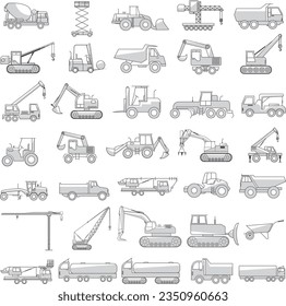 Construction Vehicles Objects vector icons, Side View, Heavy Equipment, Machinery, Engineering, shadow shade