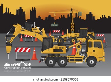 Construction Vehicles on Site Vector Illustration