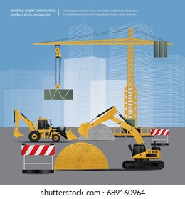 Construction Vehicles on Site Vector Illustration
