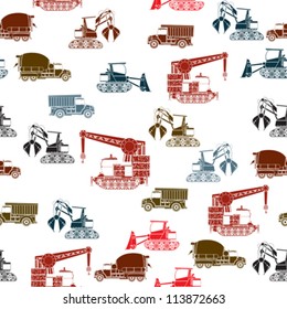 Construction vehicles seamless pattern in color over white background