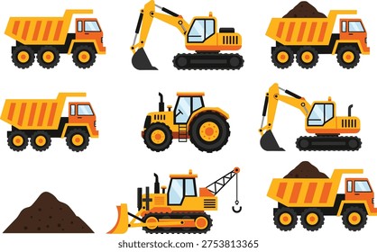 Construction vehicles set with dump trucks excavators bulldozer tractor crane and soil piles for heavy machinery mining and building work