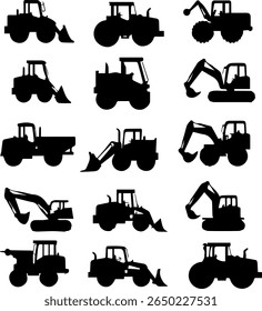 Construction Vehicles Silhouettes Set 14 Heavy Equipment Vector Icons
