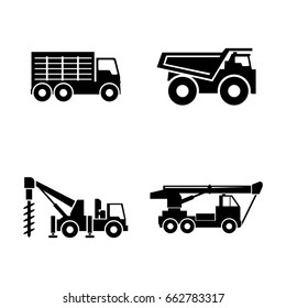 Construction vehicles. Simple Related Vector Icons Set for Video, Mobile Apps, Web Sites, Print Projects and Your Design. Black Flat Illustration on White Background.