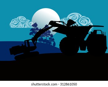 Construction vehicles at site silhouette