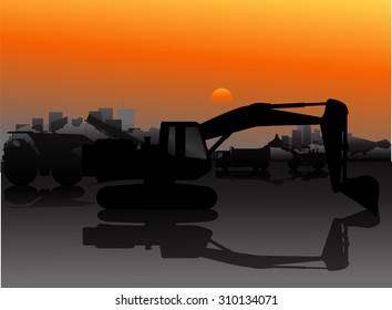 Construction Vehicles at Site Silhouette 4