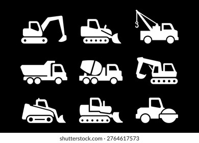 Construction vehicles solid icon set. Heavy machinery silhouette symbol pack. earthmoving machines glyph element bundle. Building, Industrial, Development, Infrastructure. Vector illustration.