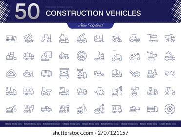 Construction Vehicles stroke icon. Construction Vehicles line icon set. editable stroke icon pack. Line, Thin, Linear Style Icon Bundle. Fully Customizable