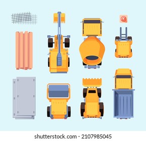 Construction vehicles top view. Production yellow cars for builders maintenance workers transport excavator big trucks heavy machines garish vector templates