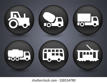 Construction Vehicles and Transportation on Black Round Buttons