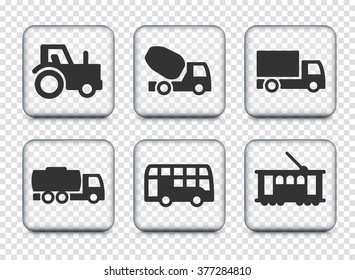 Construction Vehicles and Transportation on Transparent Square Buttons