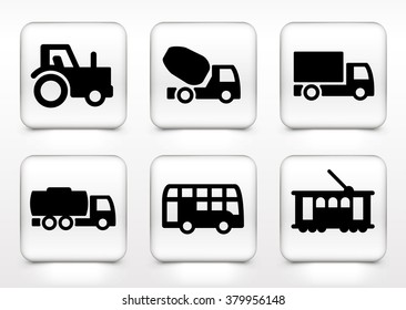Construction Vehicles and Transportation on White Square Buttons